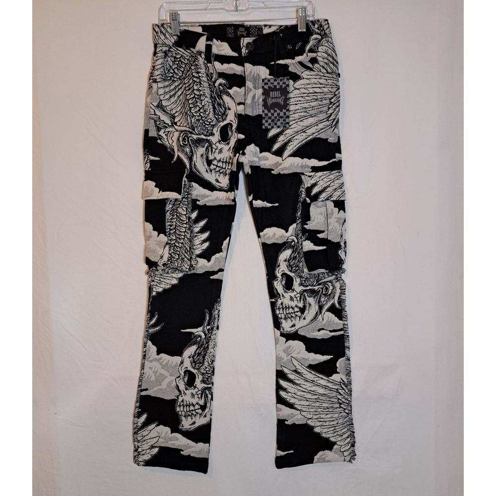 Rebel Vengeance Skeleton Pants Mens 28 Graphic Cargo Goth Y2K Streetwear‎
